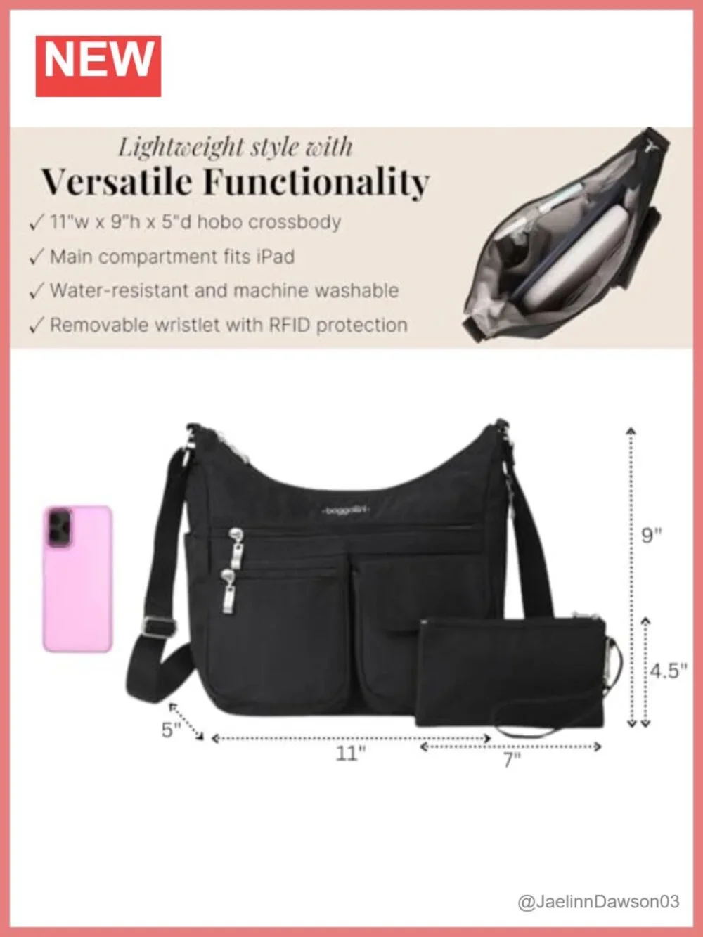 Hobo Crossbody Bag Water-Resistant Nylon RFID Wristlet